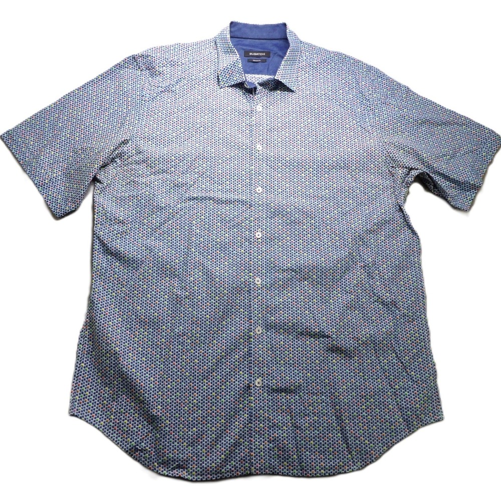 Bugatchi Classic Fit Short Sleeves Shirt Men 2XL Blue Geometric Print AOP Cotton